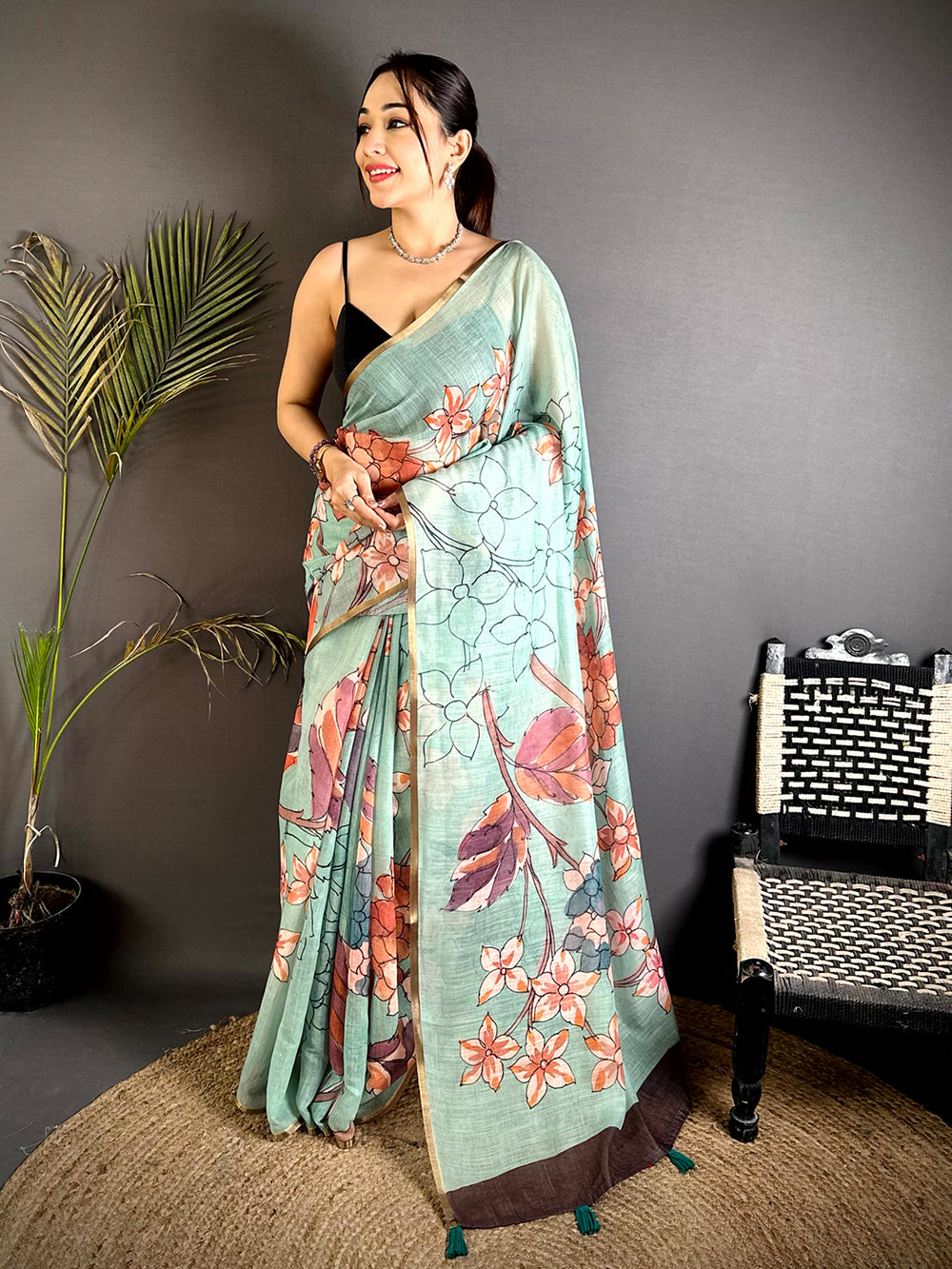 Classic Sea Green Floral Linen Saree