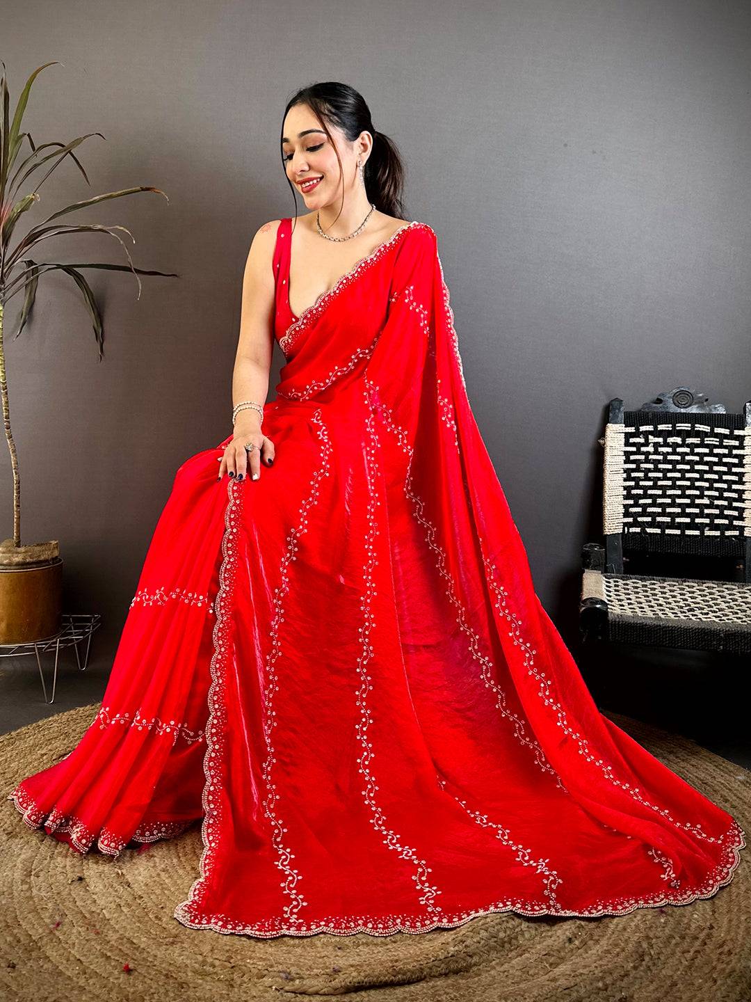 Radiant Heavy Pearl Work Satin Zari Saree