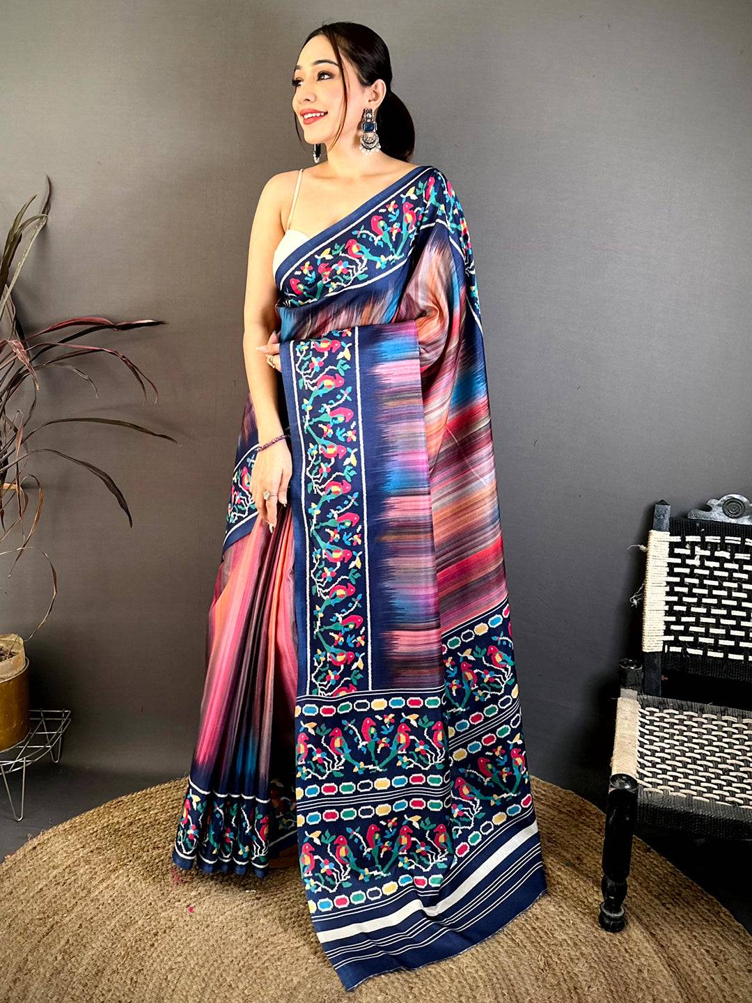 Vibrant Parrot Ikkat Print Tussar Saree