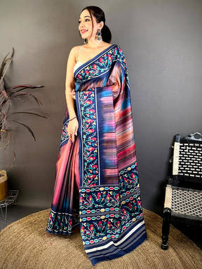 Vibrant Parrot Ikkat Print Tussar Saree