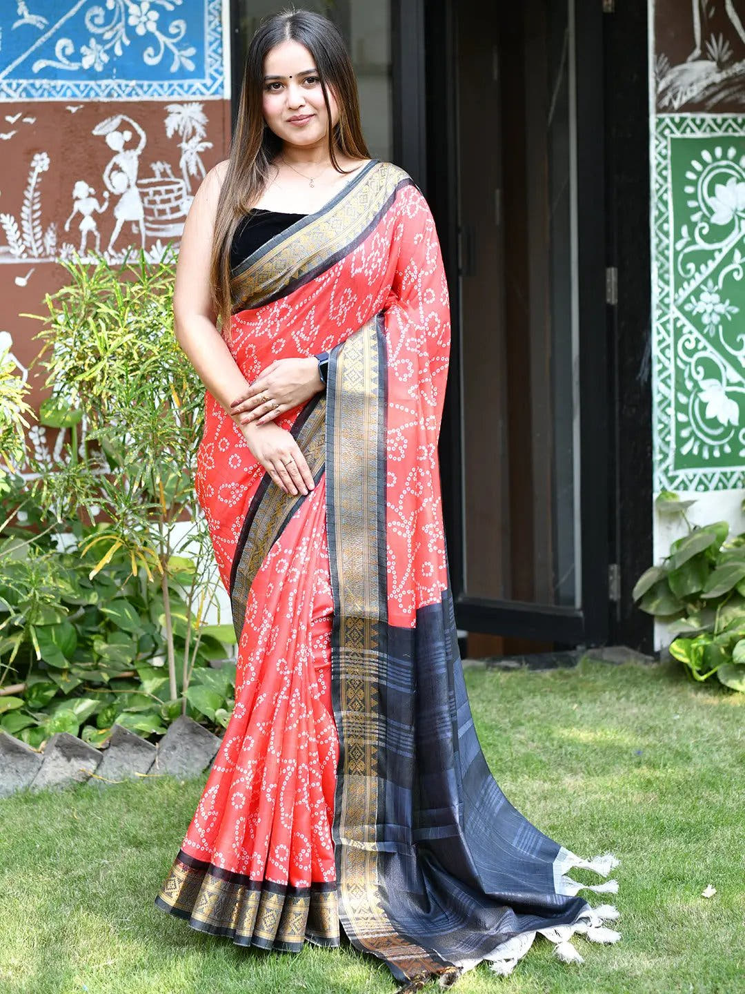 Soft Silk Bandhej Saree with Kanjivaaram border, outdoor setting