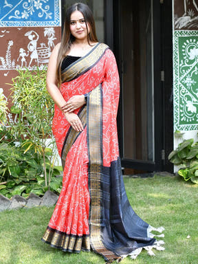 Soft Silk Bandhej Saree with Kanjivaaram border, outdoor setting