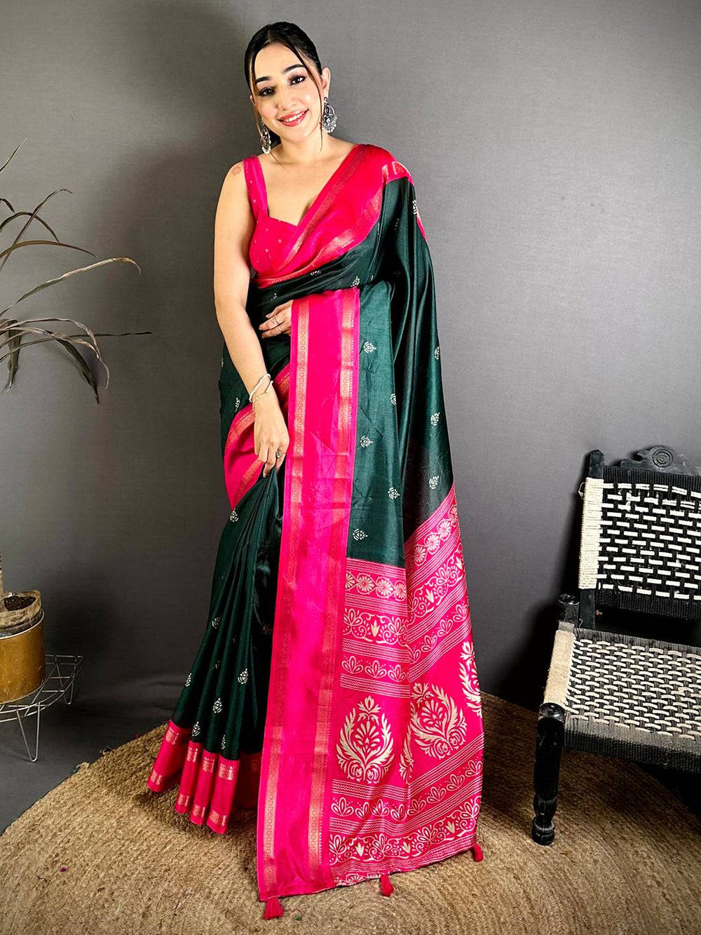 Green Soft Dola Block Print Pallu Saree