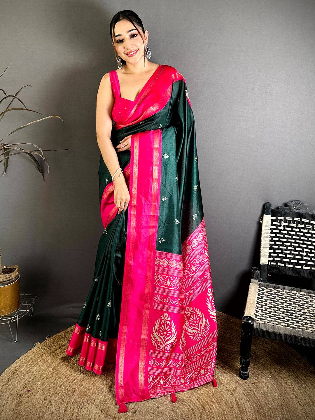 Green Soft Dola Block Print Pallu Saree