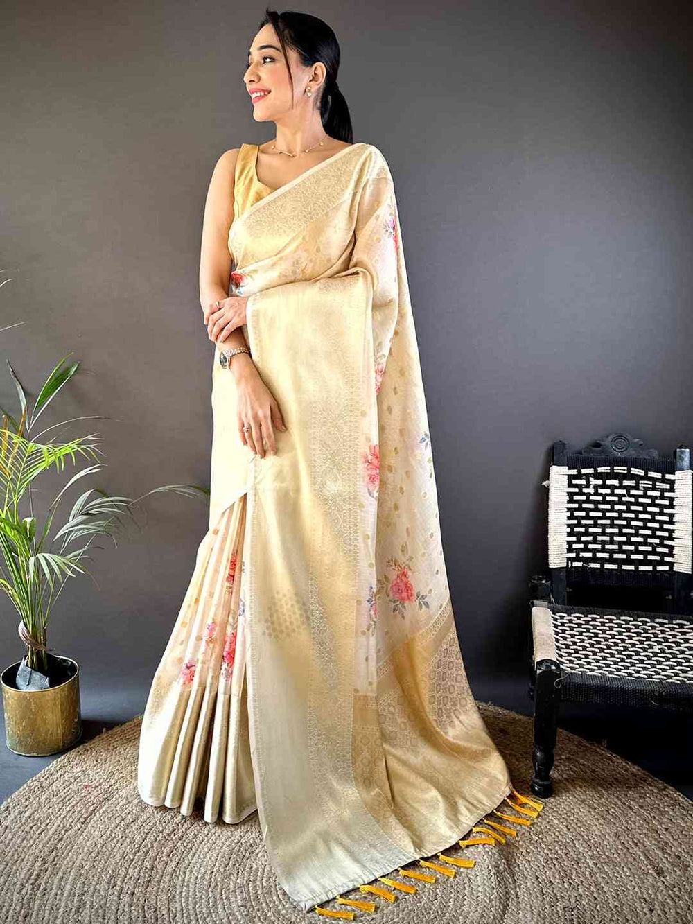 Elegant White Floral Kota Doriya Saree