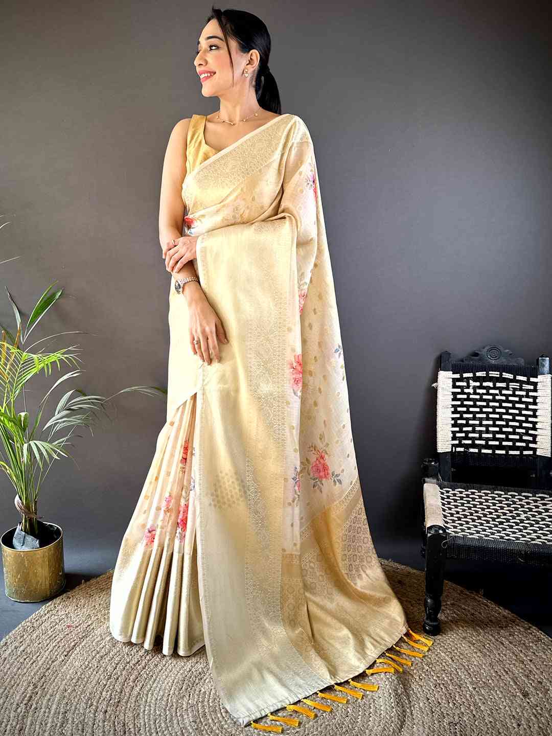 Elegant White Floral Kota Doriya Saree