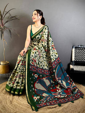 Radiant Mul Cotton Elephant Kalamkari Print Saree