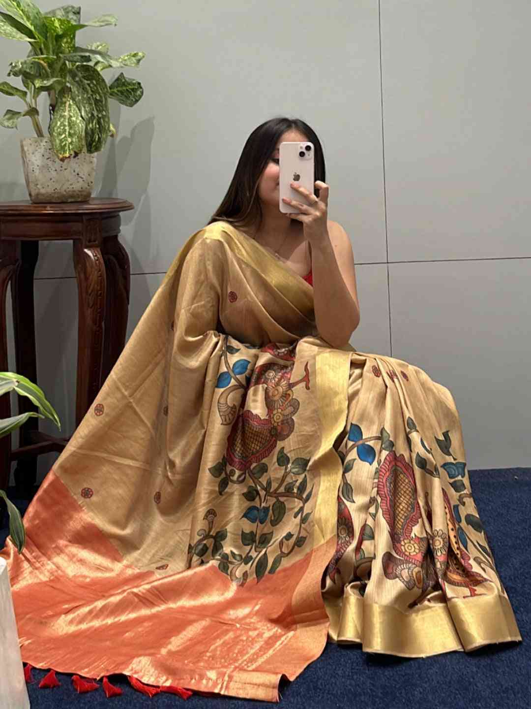 Elegant Pen Kalamkari Linen Tissue Soft Saree draped on woman
