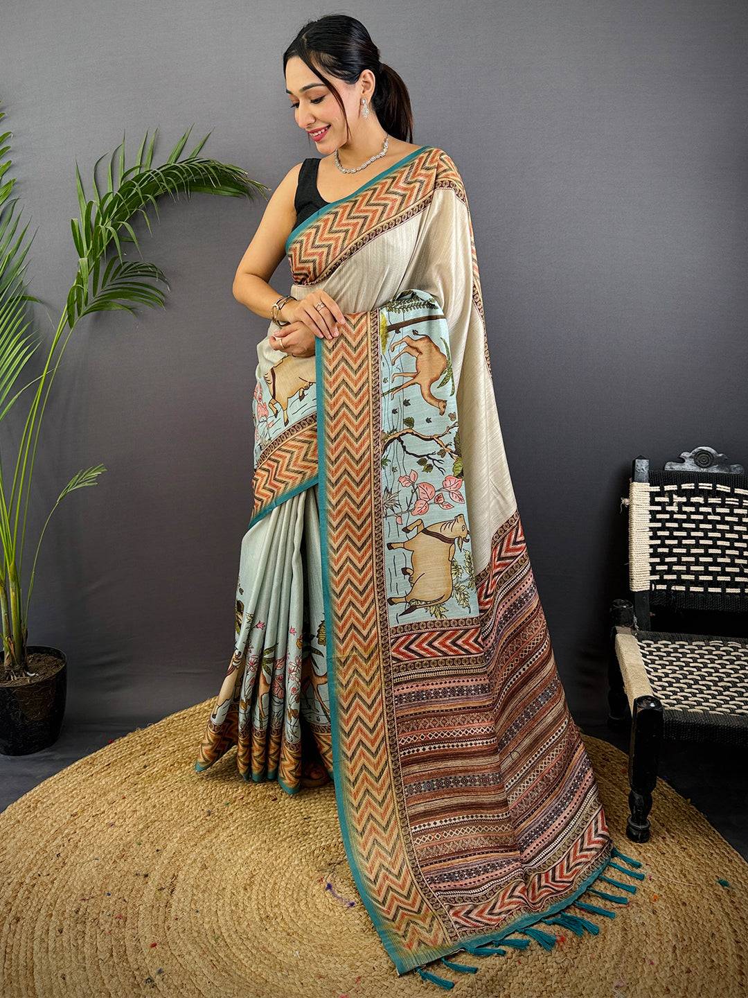 Ivory Linen Block Kalamkari Print Saree