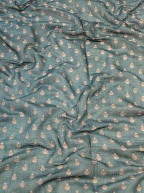 Close-up of turquoise linen fabric with subtle digital print