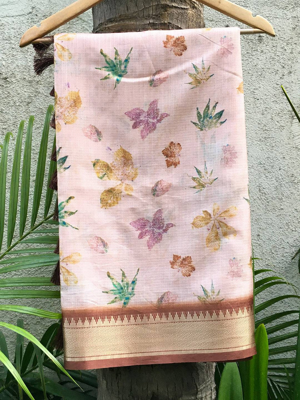 Kanjivaram light peach saree with gold zari pattu border