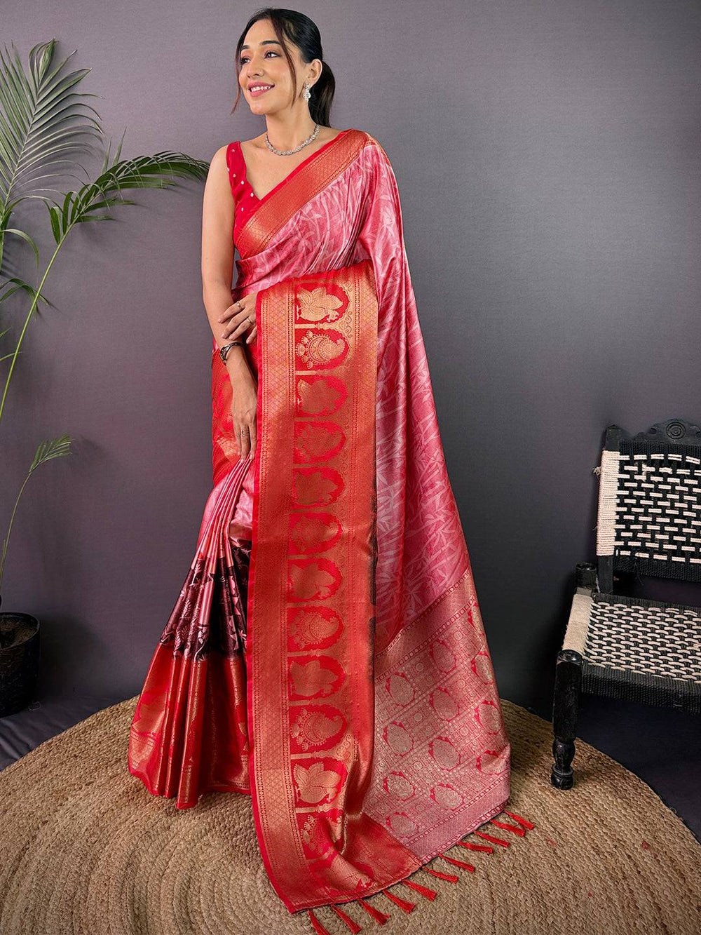 Radiance Soft Cherry Satin Kalamkari Print Saree