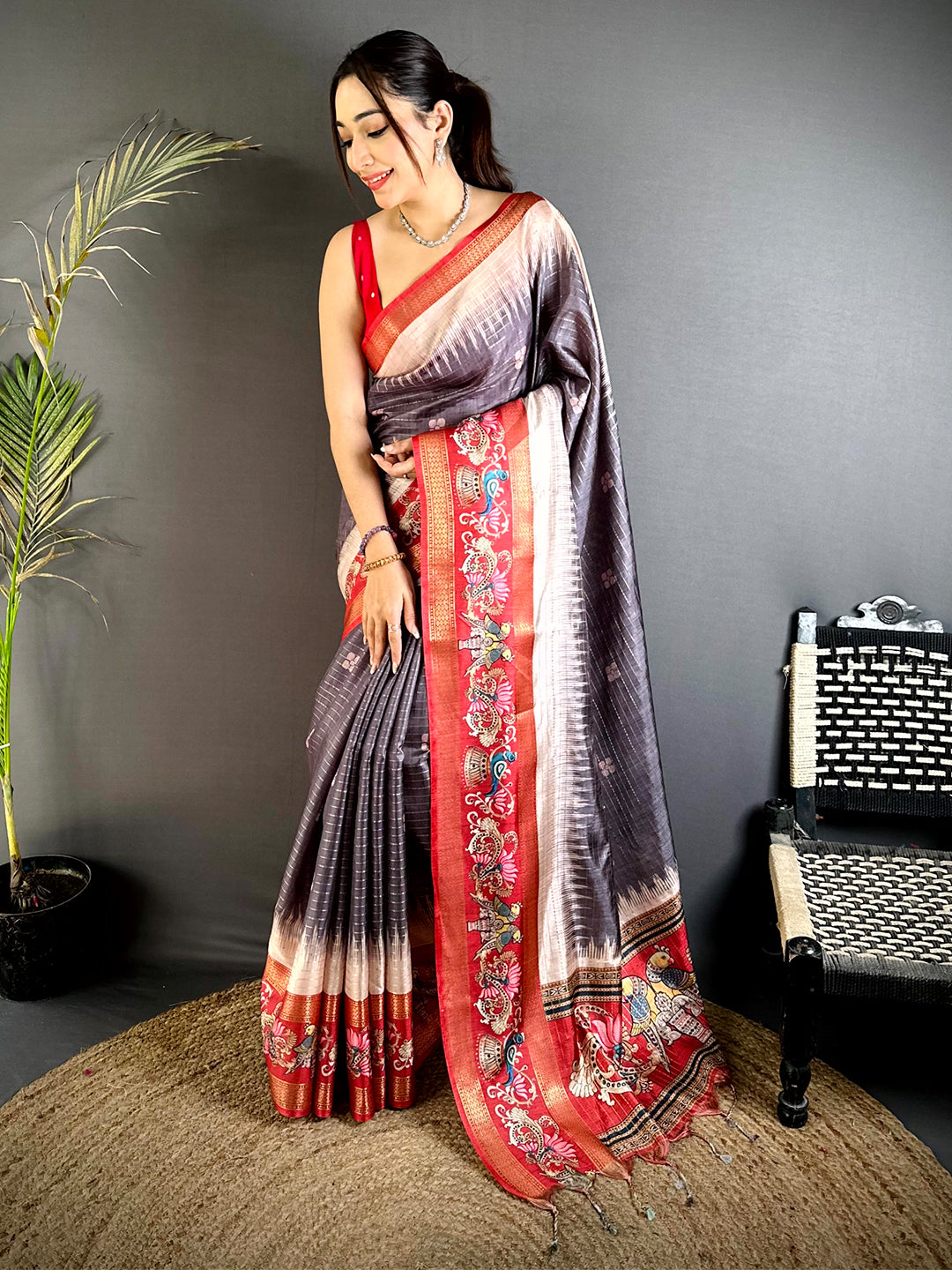 Grey Tanjore Art Semi Silk Saree
