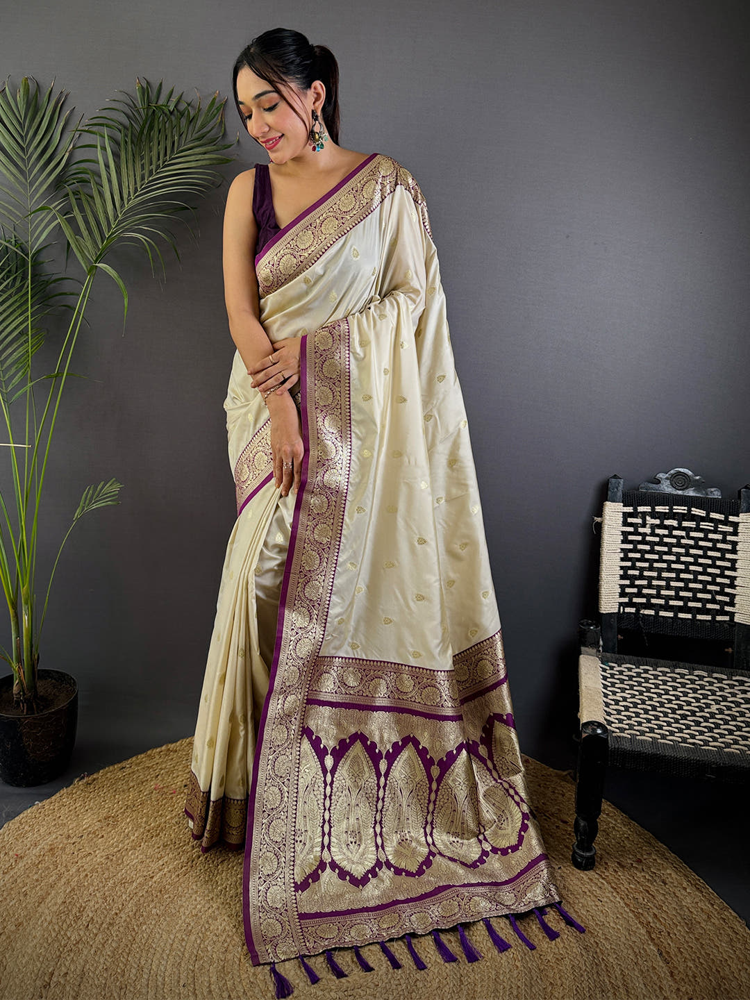 White Soft Silk Feather Saree With Maggam Blouse