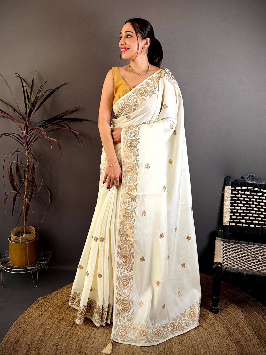 White Aari Jhalar Tussar Satin Saree