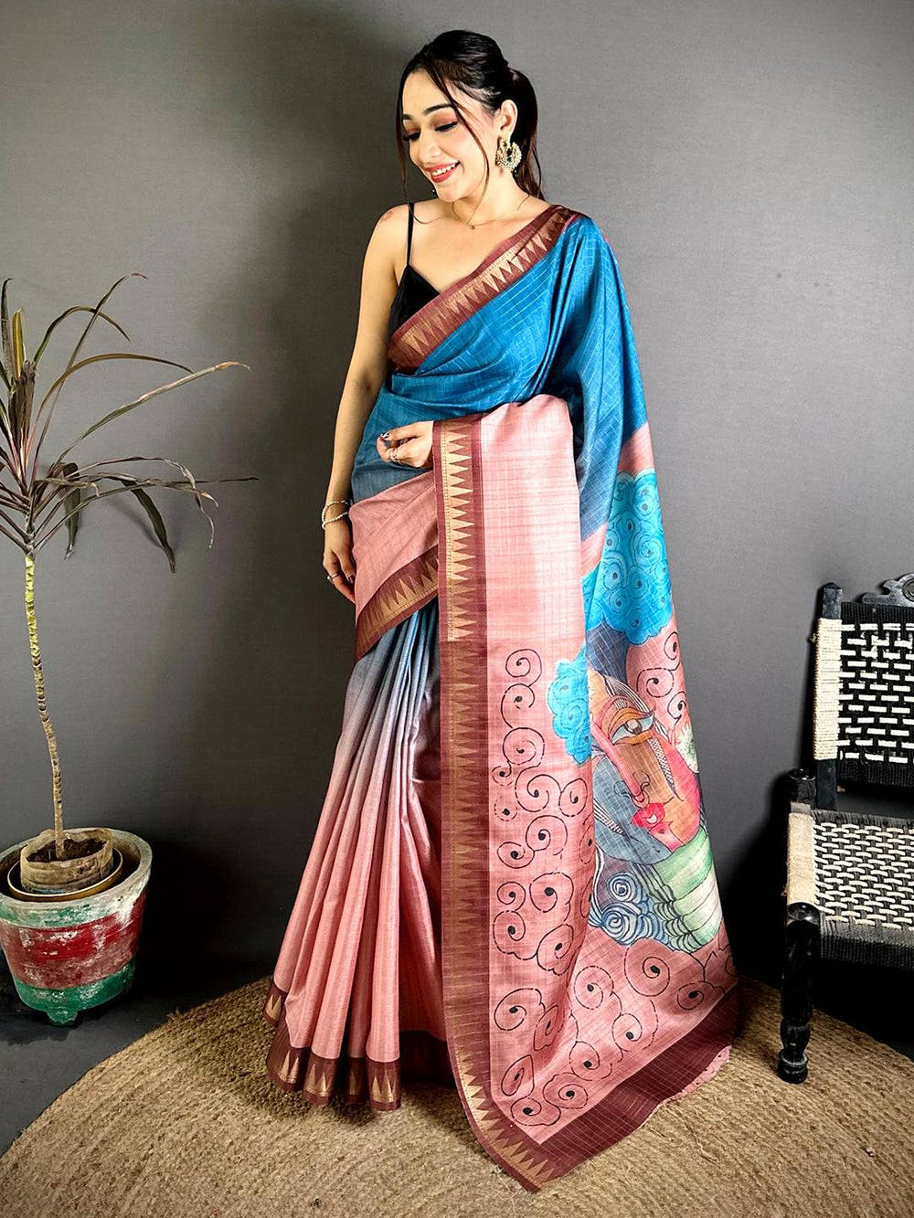 Elegant Half Half Tussar Zari Checks Saree