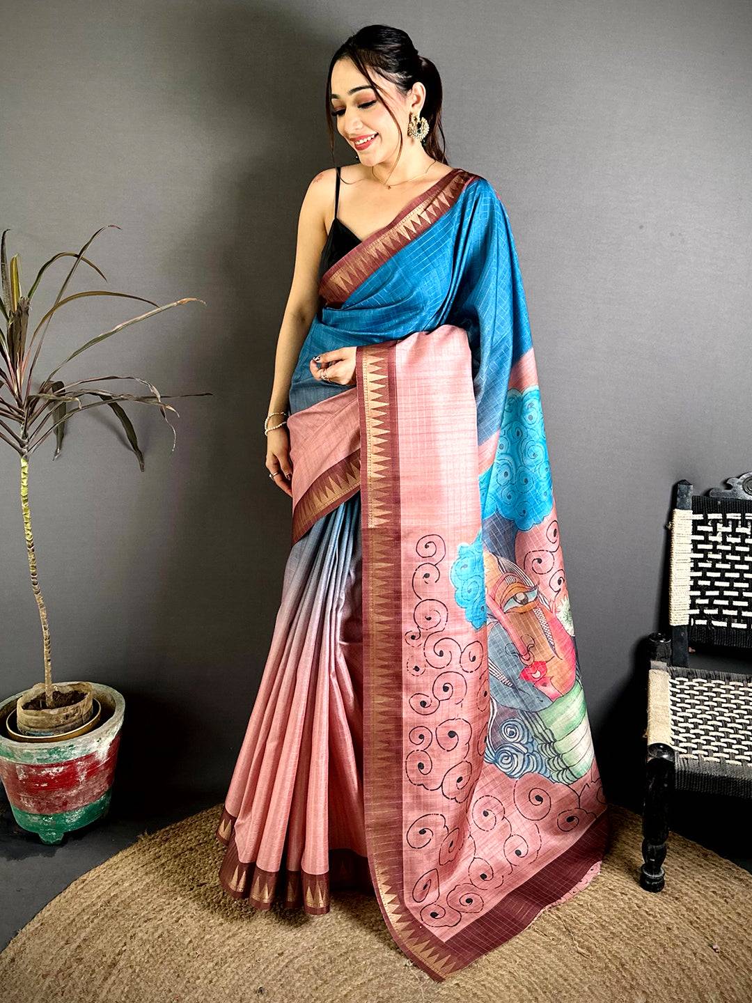 Elegant Half Half Tussar Zari Checks Saree