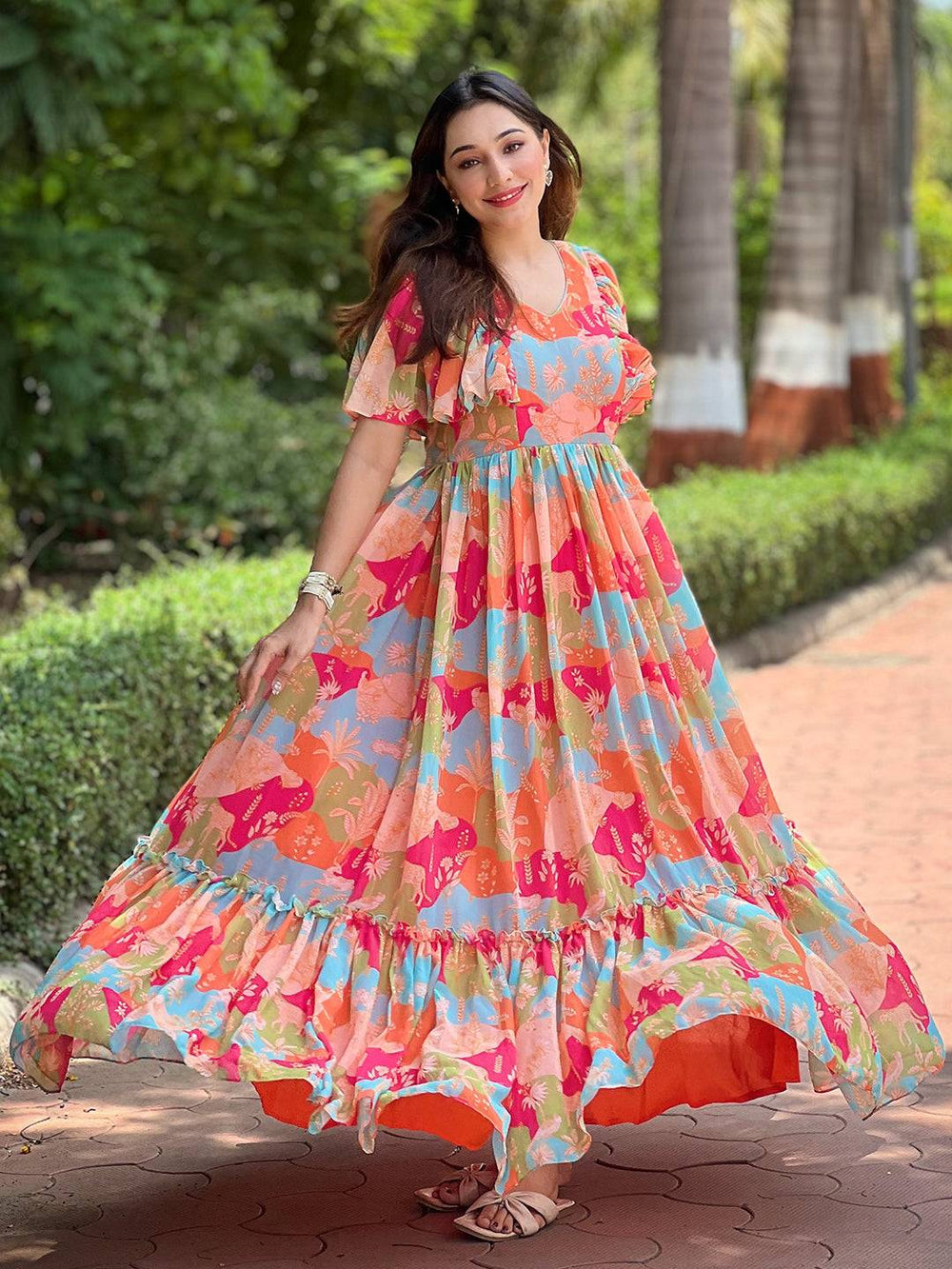 Woman twirling in Floral Flared Multi Colour Flary Dress