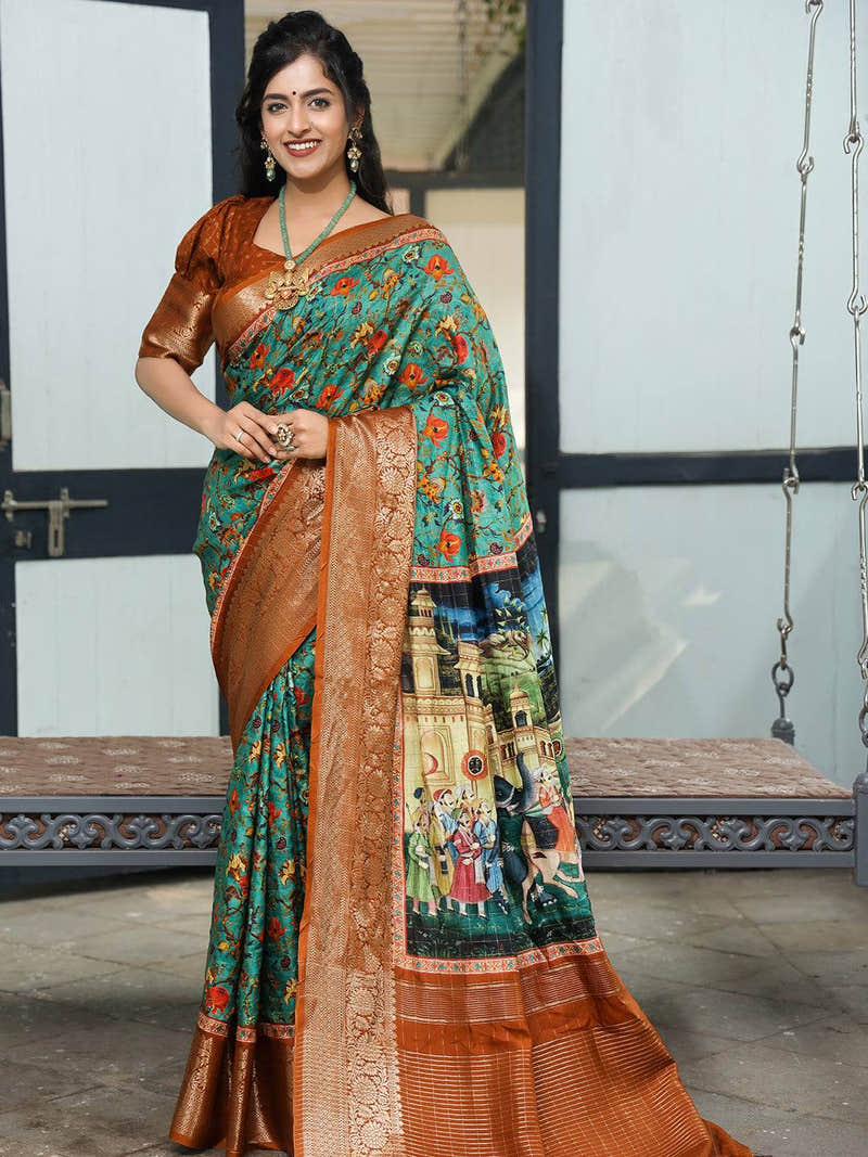 Turquoise Colour Viscose Dola Silk Saree With Mughal Motifs - Luxe