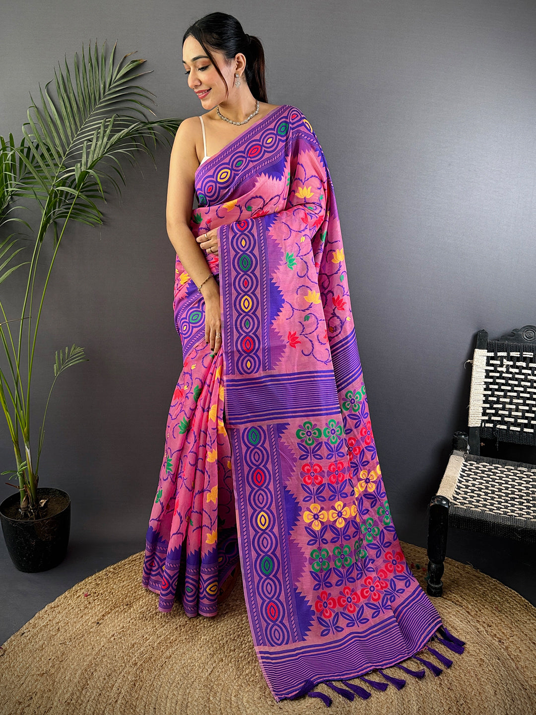 Fuchsia Pink Dhakai Jamdani Cotton Silk Saree