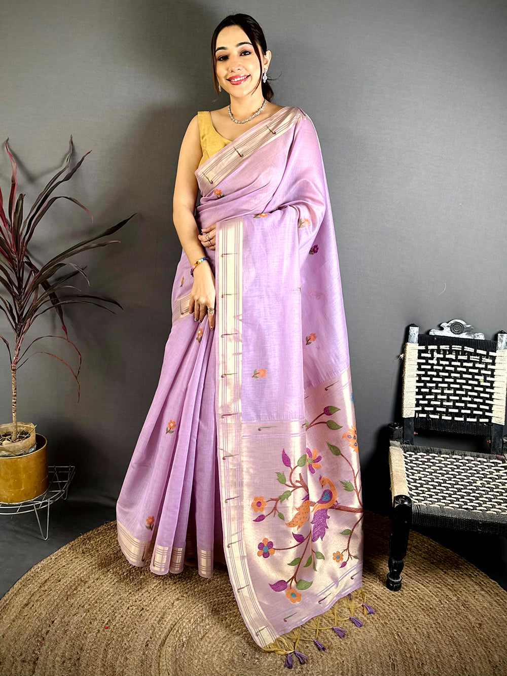 Lavender Sunflower Minakari Khadi Saree