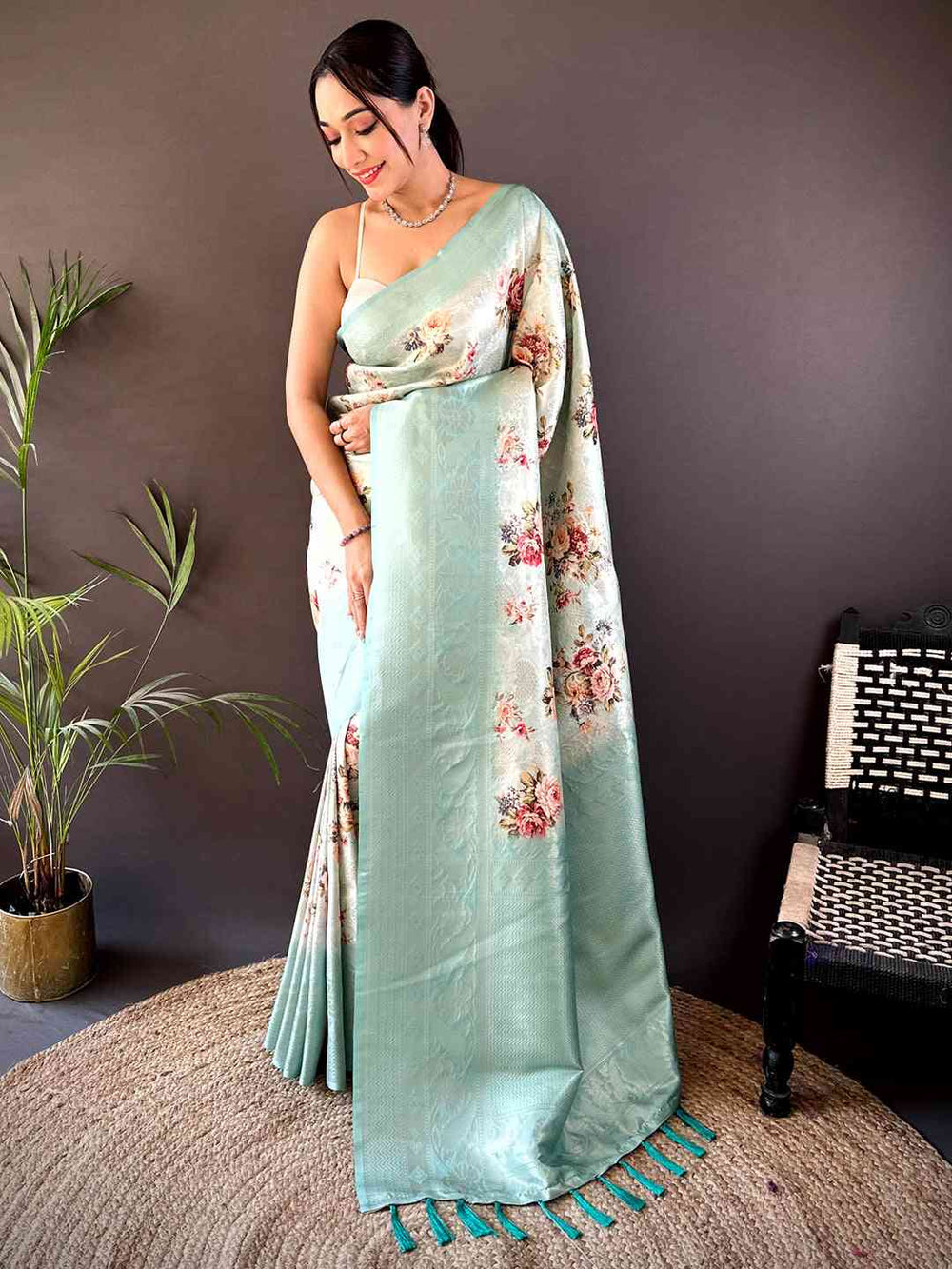 Mint Green Kanjivaram Digital Silk Saree