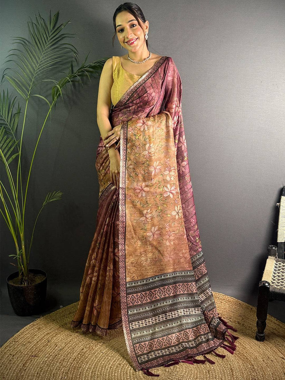 Maroon Linen Juth Digital Print Saree