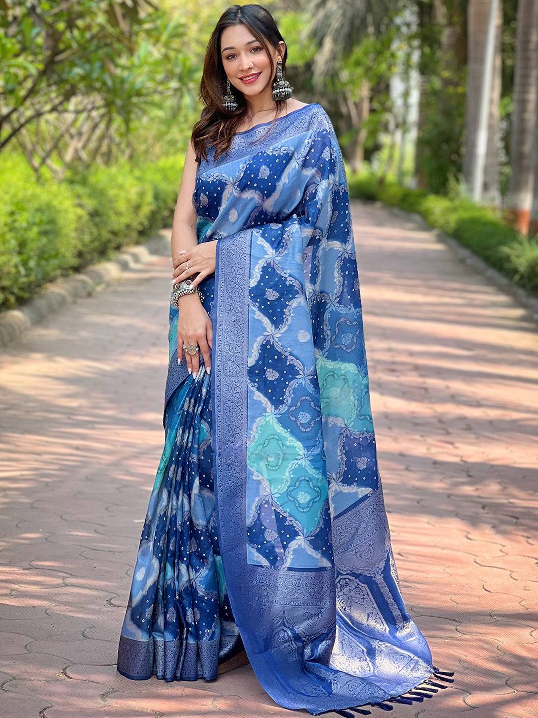 Elegant Blue Digital Block Print Saree with rich pallu