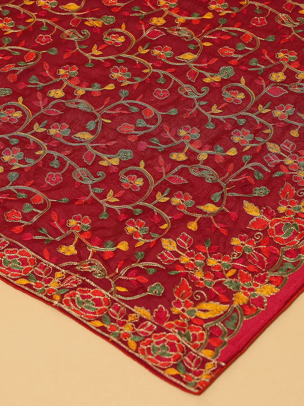 Close-up of wine poly chiffon pashmina dupatta embroidery