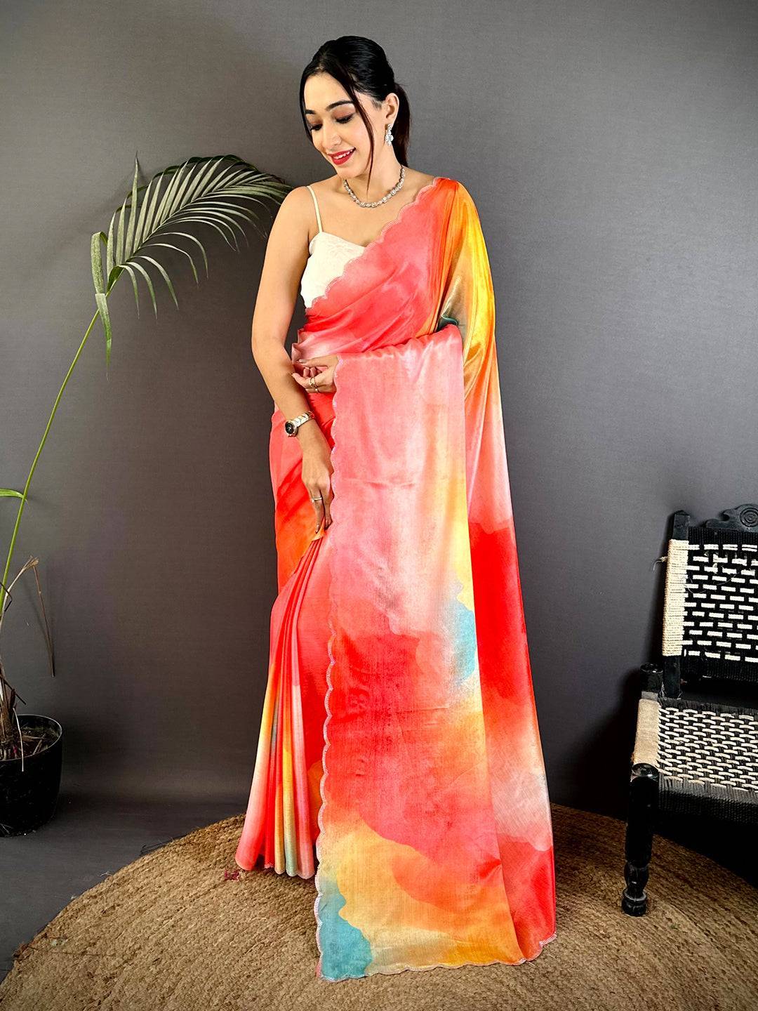 Majestic Freehand Abstract Chinnon Saree
