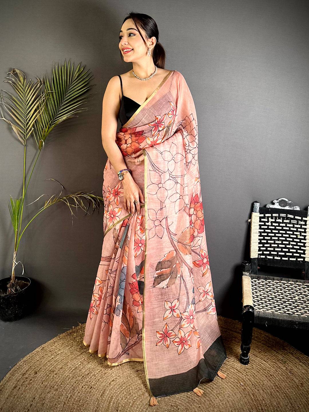 Classic Pink Floral Linen Saree


