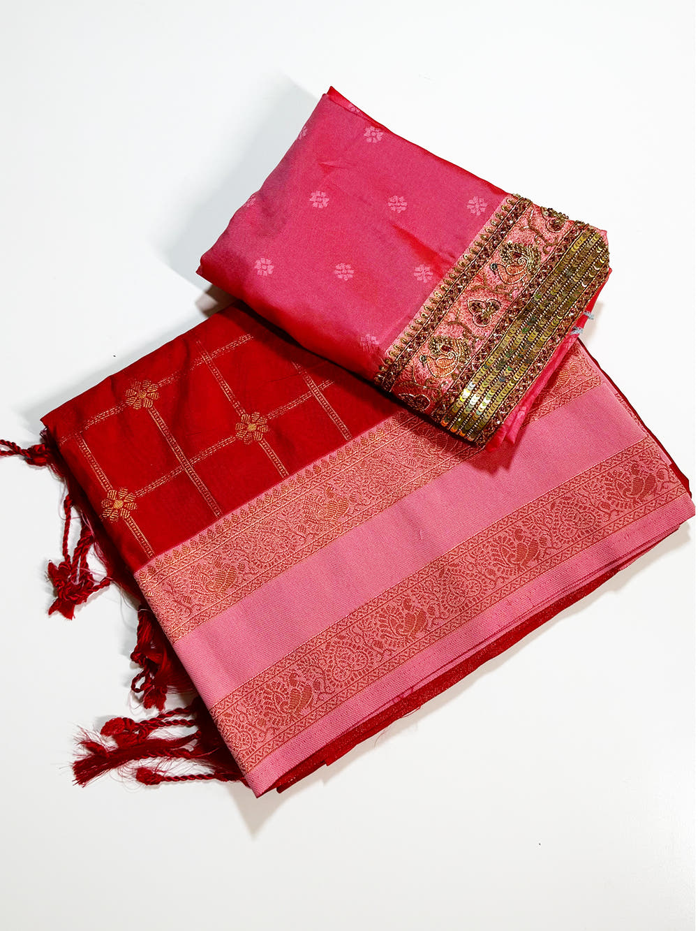 Red Check Weave Gadwal Saree With Maggam Blouse