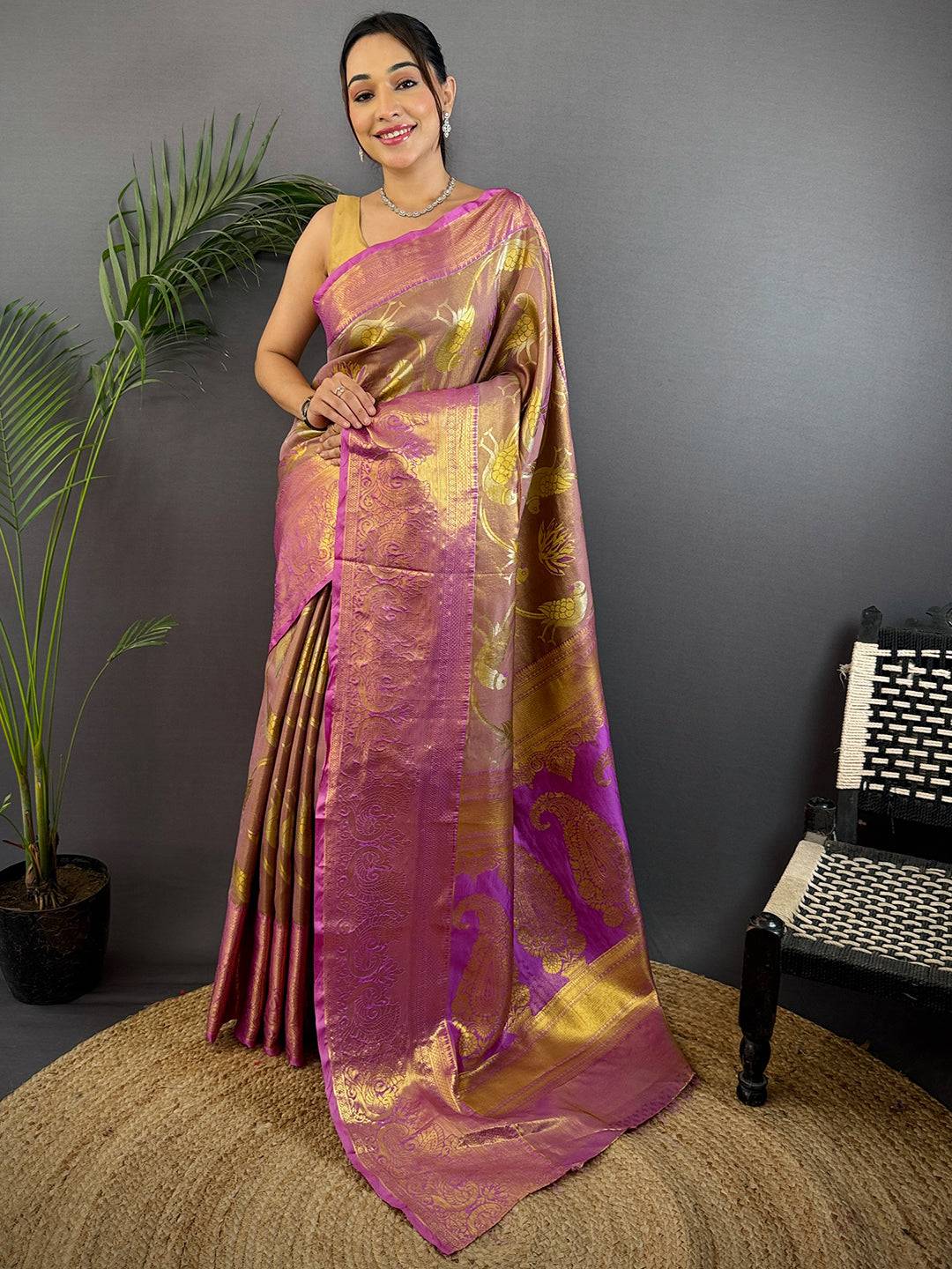 Beige Dharmavaram Gold Birds Print Saree