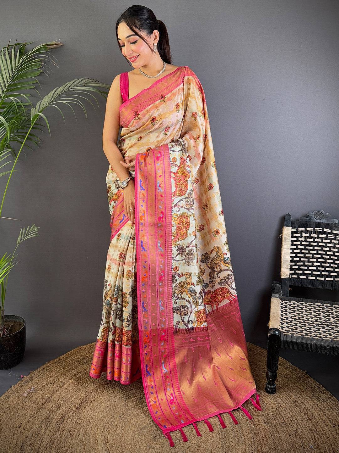 Elegant Kalamkari Printed Tissue Saree

