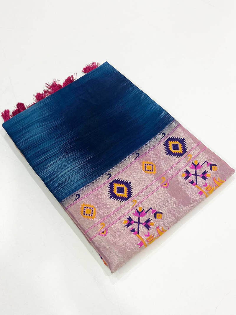 Royal Blue Geometric Floral Pallu Saree