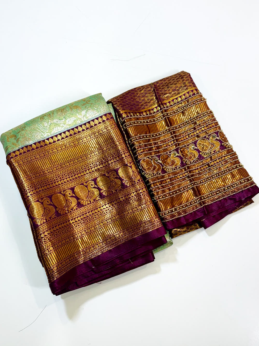 Pastel Mint Green Dharmavaram Silk Saree With Maggam Blouse