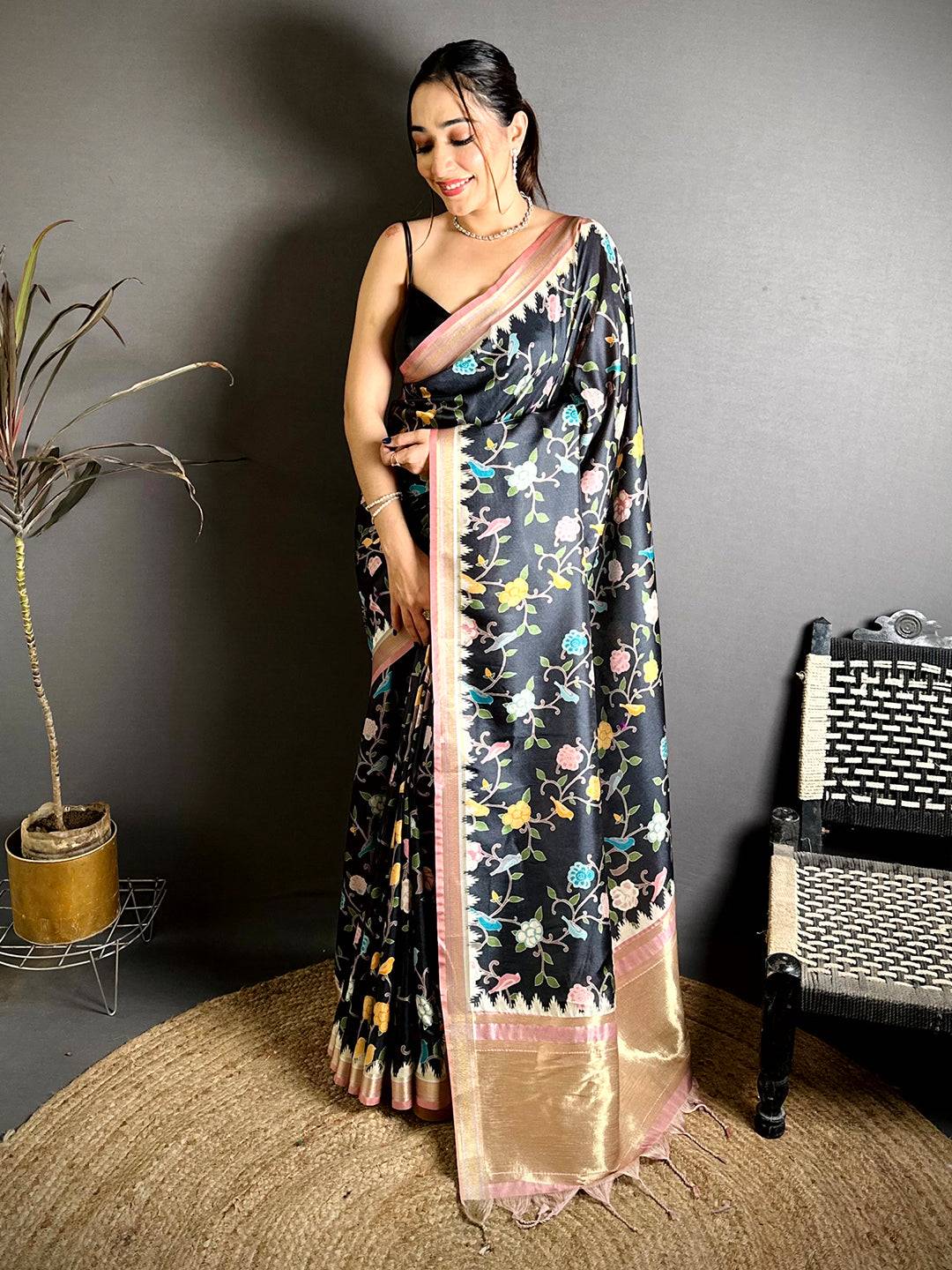 Royal Gold Lakda Patta Kalamkari Saree