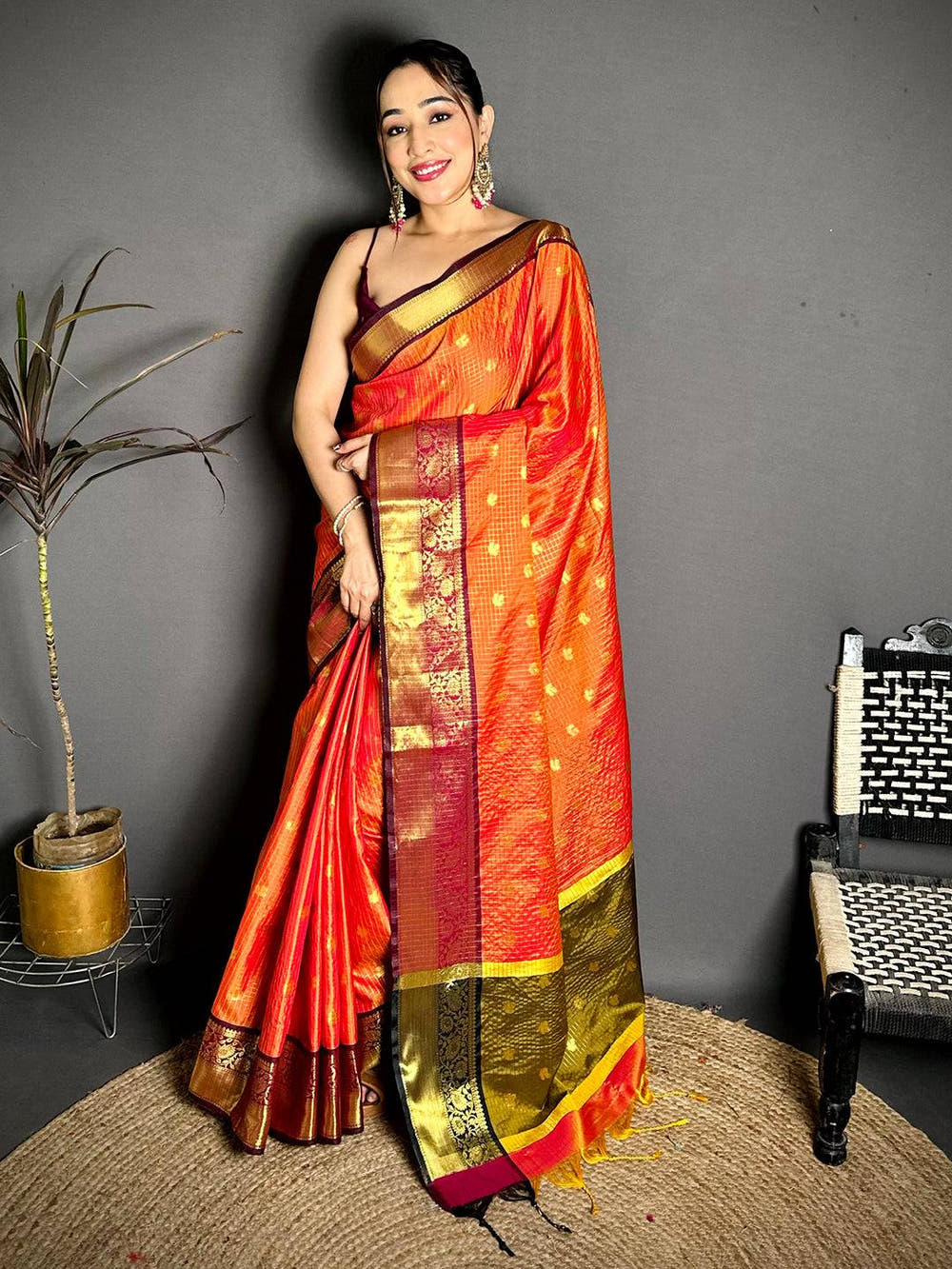 Tussar Silk Saree with Gold Zari Chex Design