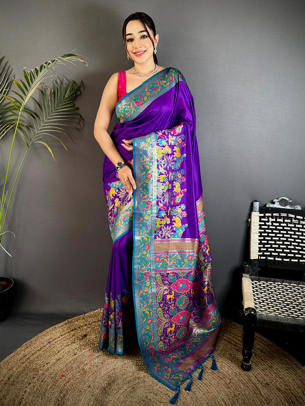 Purple Soft Semi Silk Minakari Weave Saree