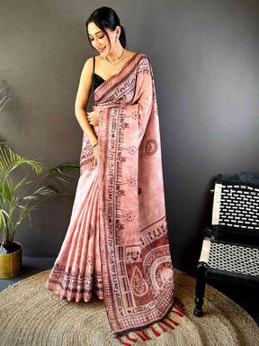 Dusty Rose Warli Print Tissue Chanderi Saree