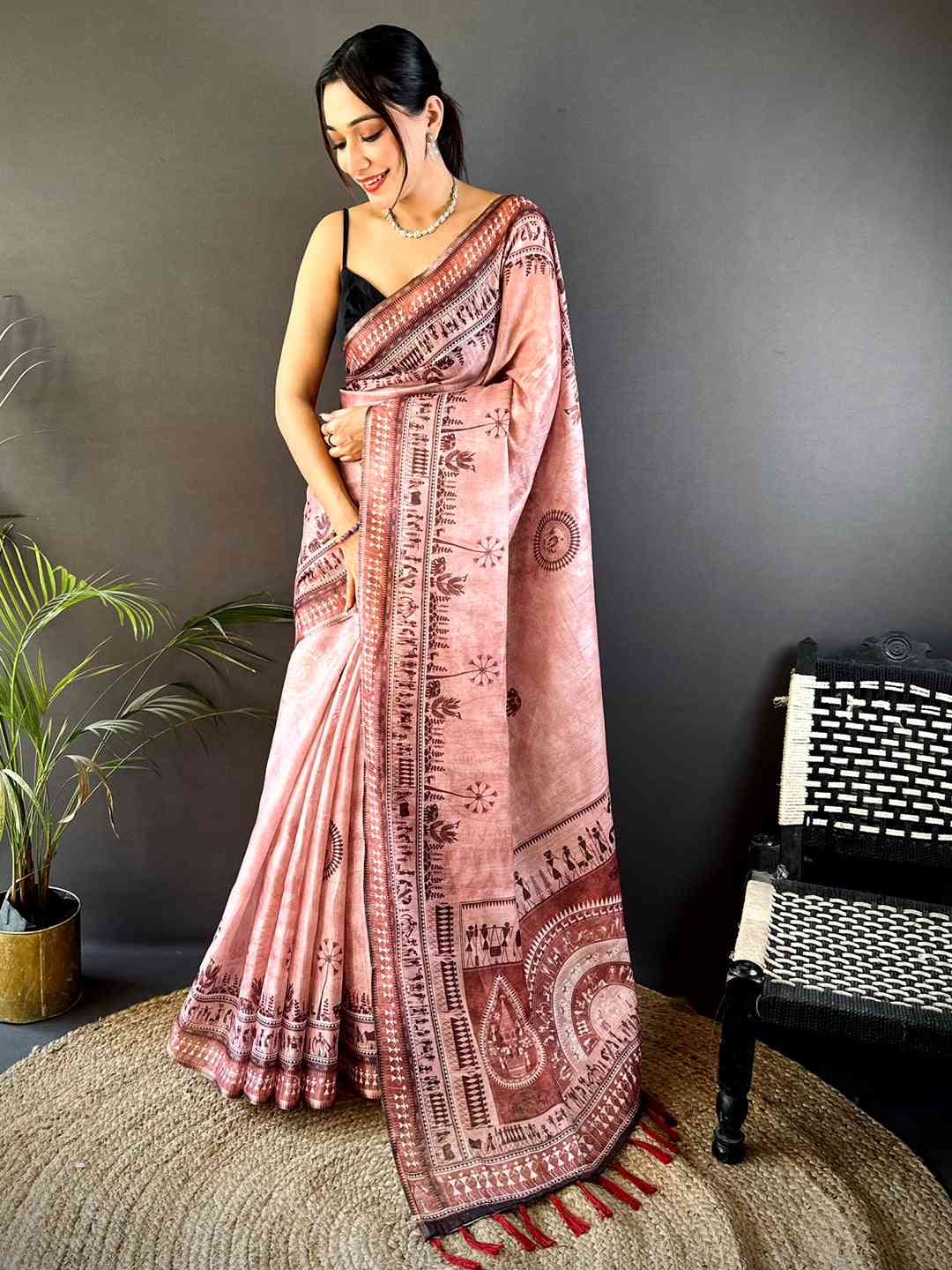 Dusty Rose Warli Print Tissue Chanderi Saree