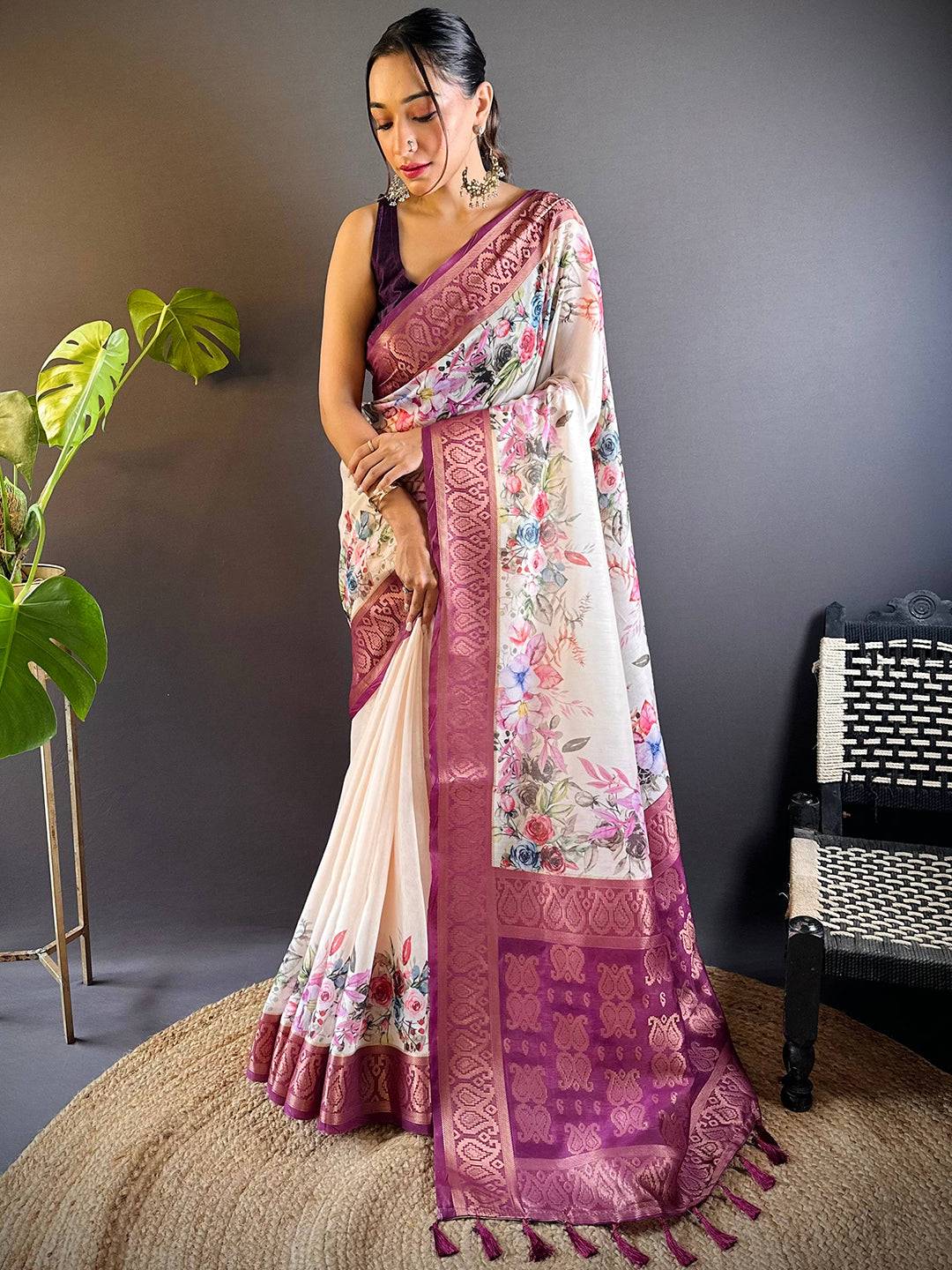 Cream Floral Cotton Rich Pallu Saree