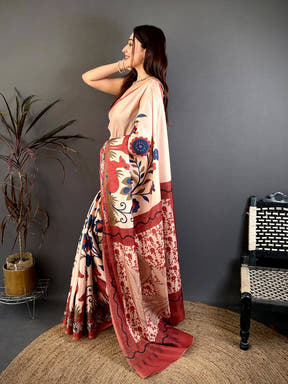 Stylish Cream Printed Soft Tussar Saree