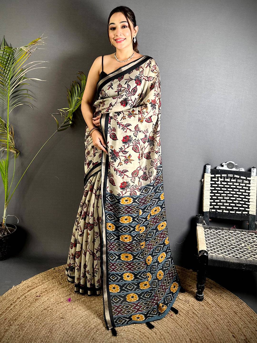 Black Floral Phulkari Mul Cotton Saree