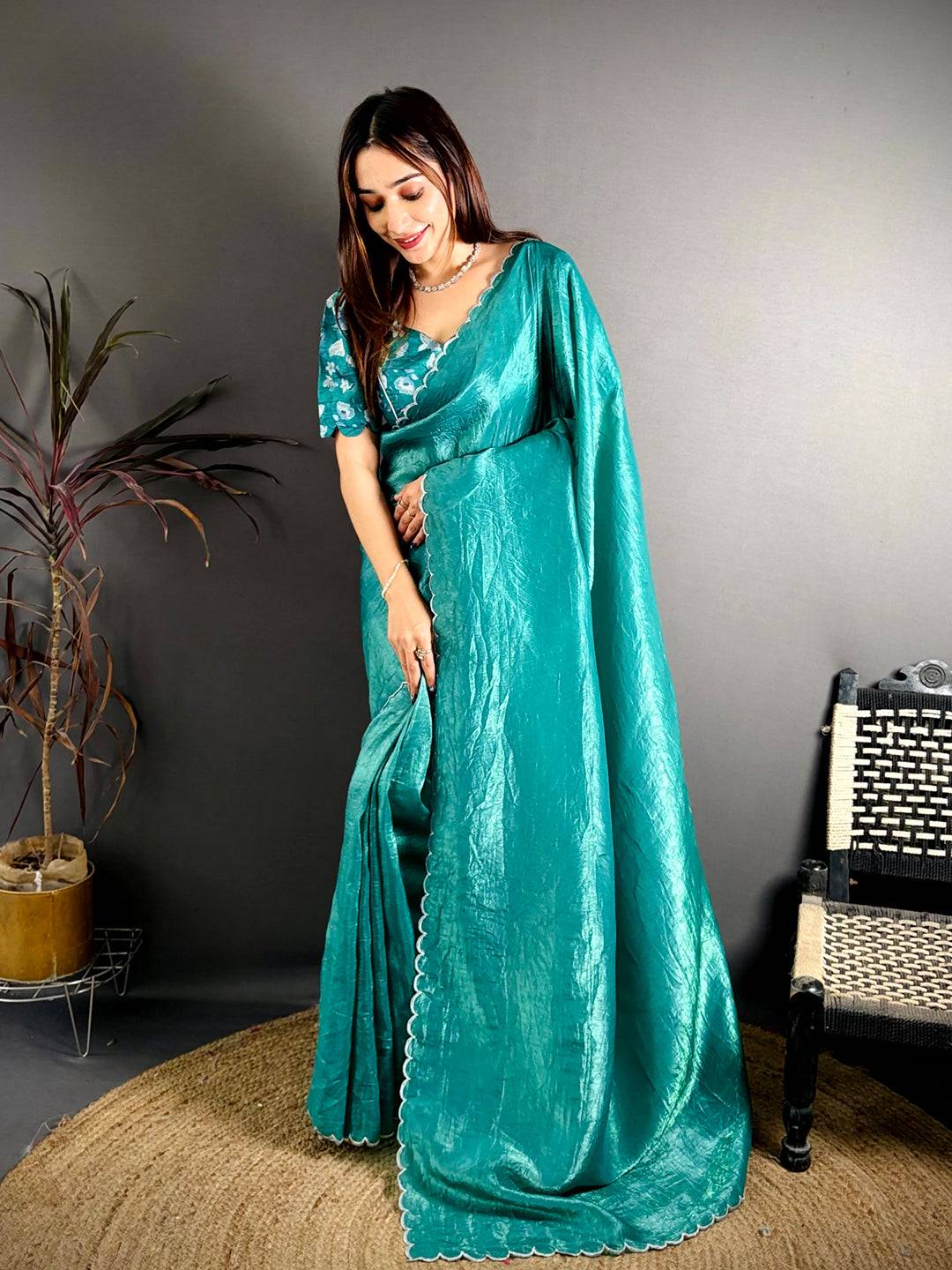 Teal Green Bariq Cutwork Crash Silk Saree