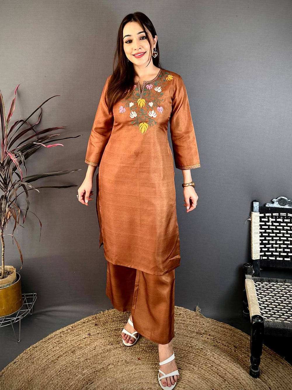Brown Ari Work Cotton Zari Kurti