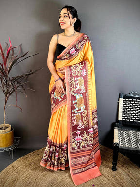 Mustard Tanjore Elephant Tussar Saree