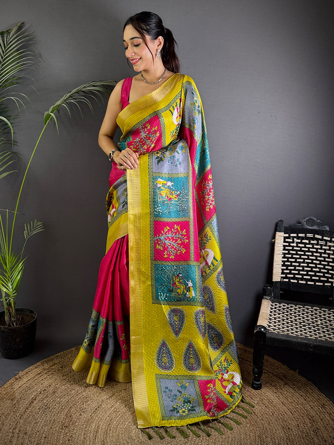 Magenta Tussar Kalalmkari Print Saree