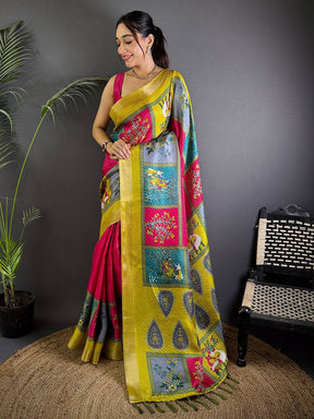Magenta Tussar Kalalmkari Print Saree

