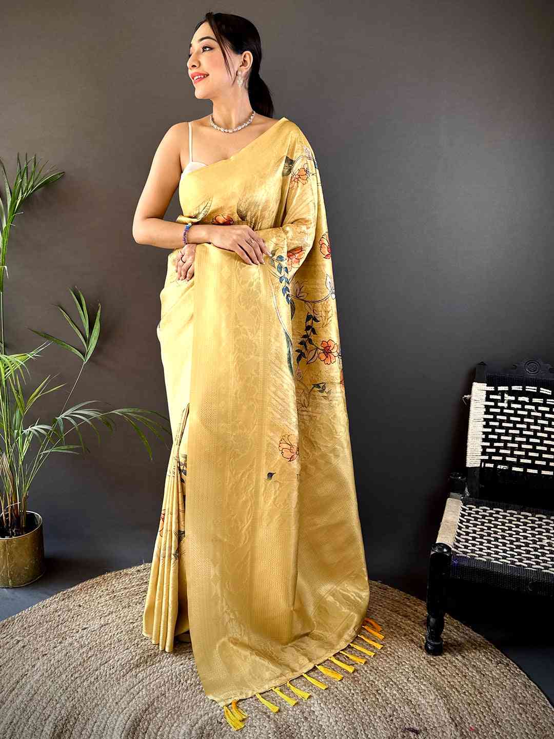 Mustard Kanjivaram Digital Silk Saree